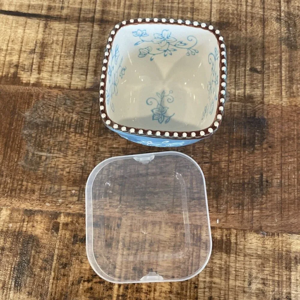 Temptations Blue Floral Lace square ramekin Square Teal Plastic Lid Small Bowl